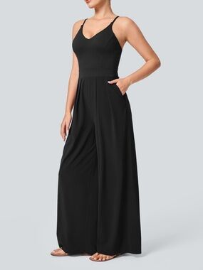 NWT Halara Black Wide Leg Jumpsuit XS Athletic Casual Stretch Pocket Romper